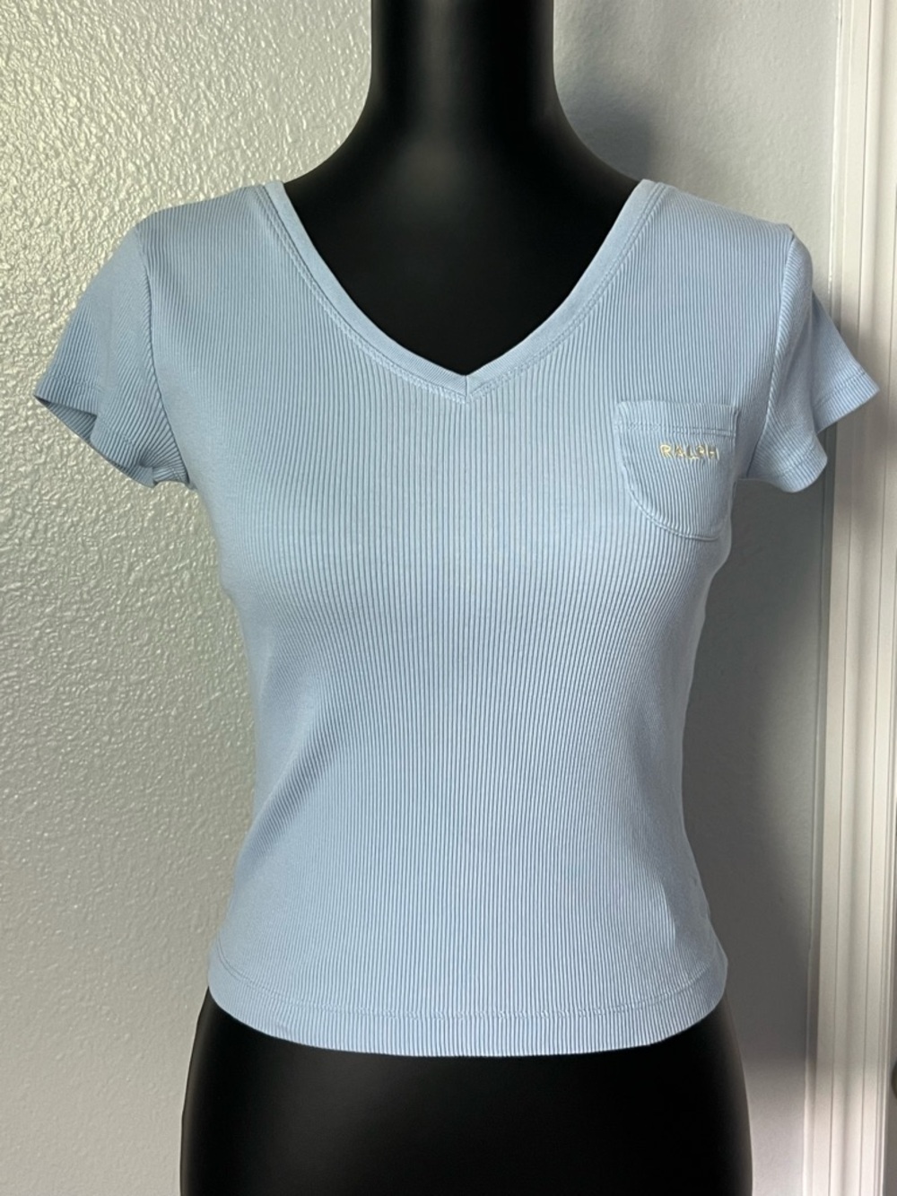 Ralph Ralph Lauren Vintage Light Blue Ribbed V-Neck Crop Tee